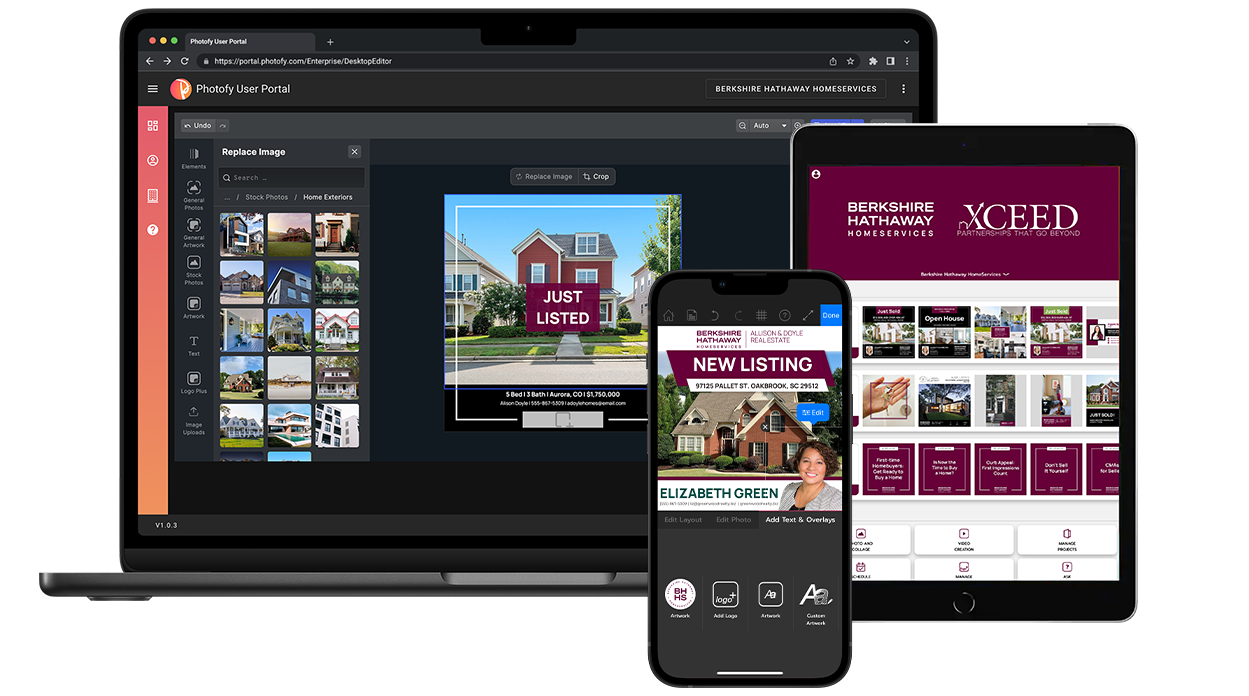 Photofy app on mobile and tablet for Berkshire Hathaway HomeServices agents, offering streamlined content creation with exclusive desktop editing access for Photofy Berkshire Hathaway HomeServices subscribers.